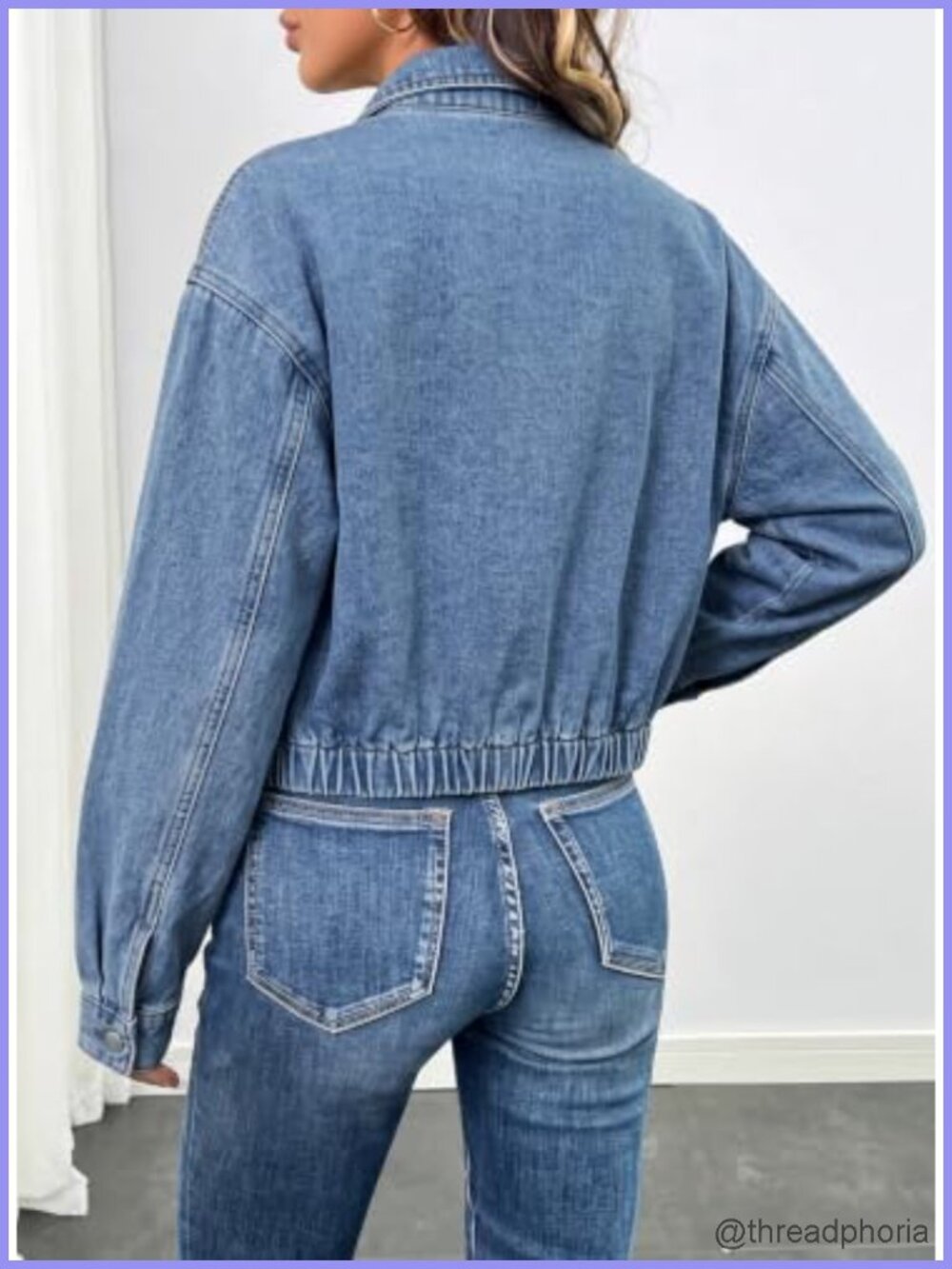 Womens Cropped Oversized Denim Bomber Jacket Zip Up Stand Collar - Picture 3 of 6
